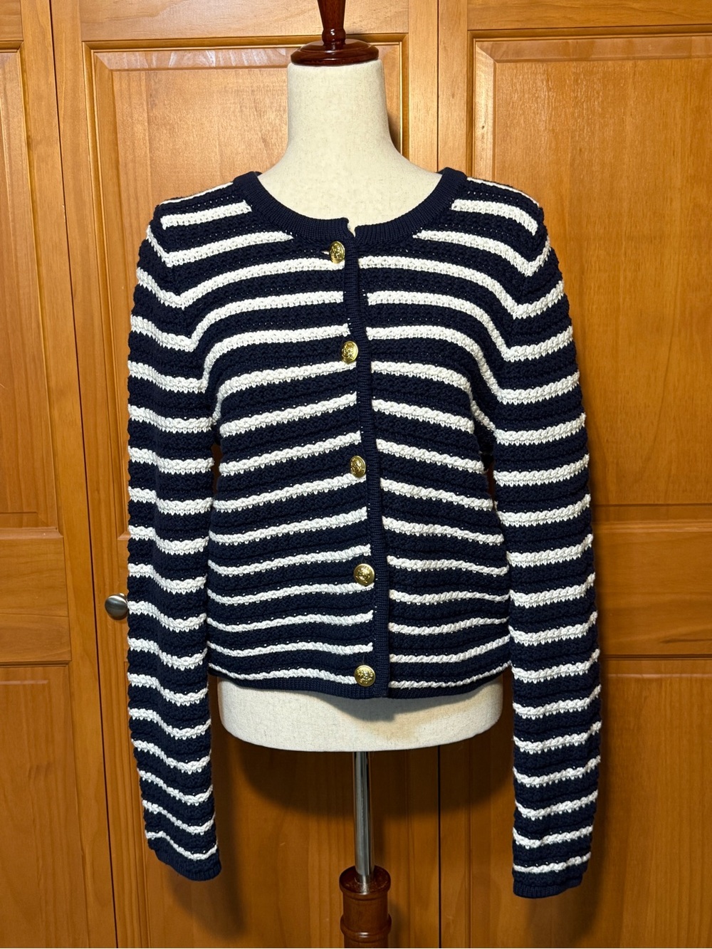 Gap Cotton Navy and White Striped Button-Front Lady Jacket Cardigan Sweater
